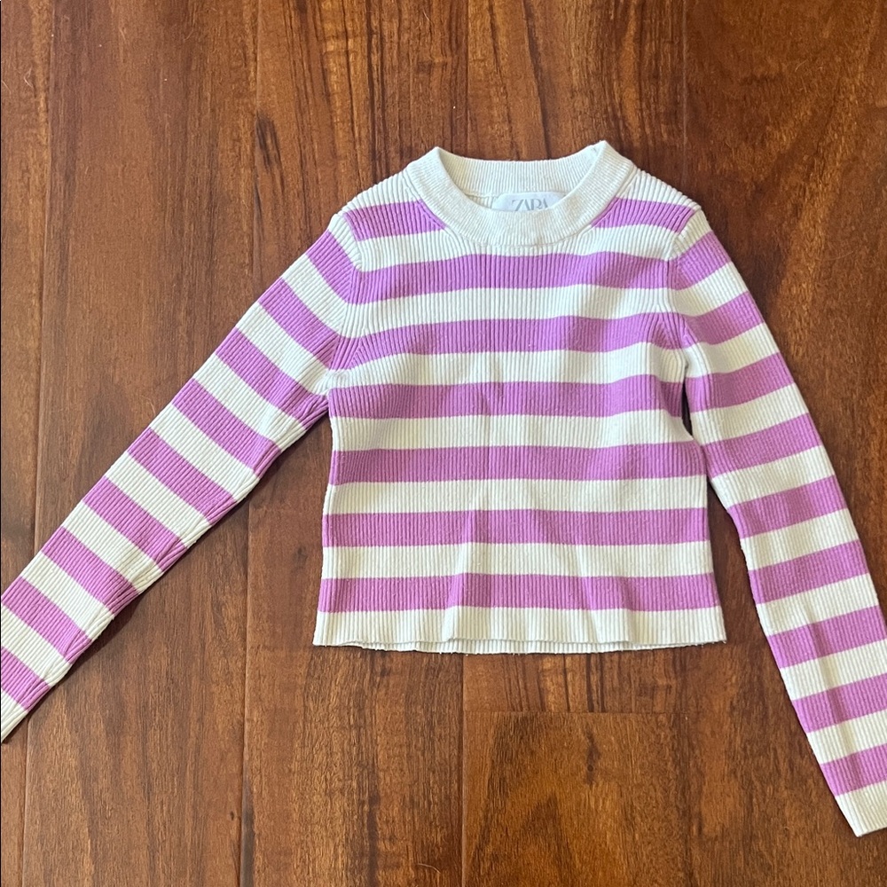 Zara Girls Striped Pink and White Long Sleeve Top